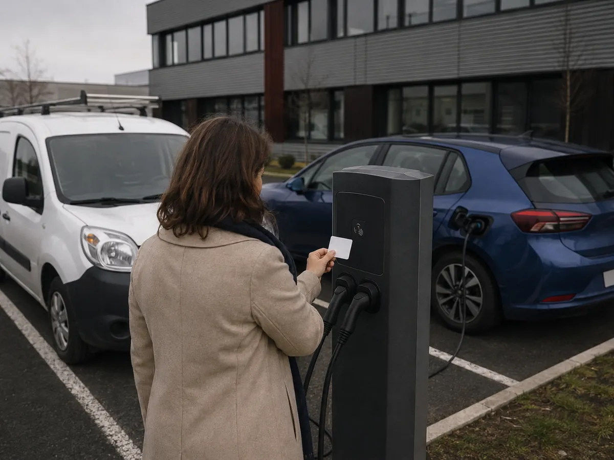 Salariée présentant son badge sur une borne sur pied dans le parking d’une entreprise