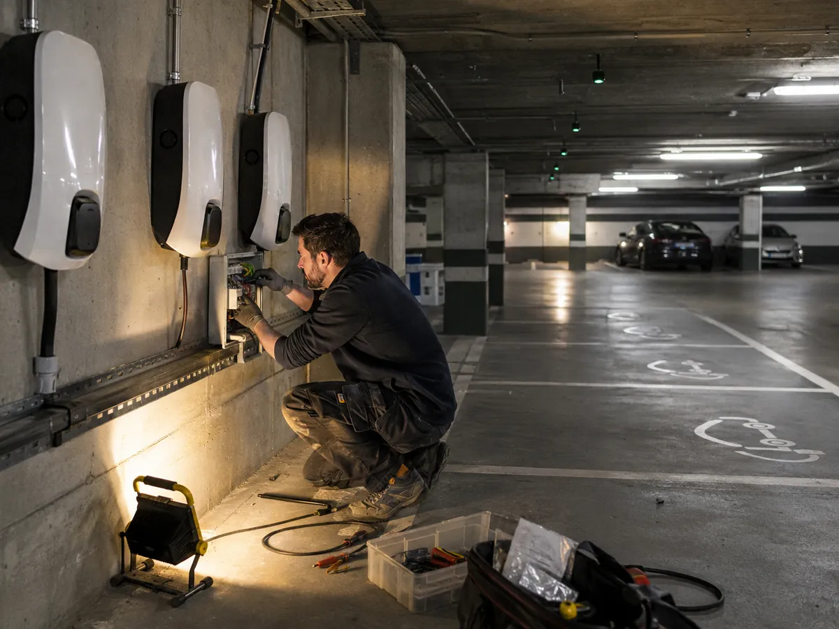 Électricien raccordant un coffret sous trois wallbox dans le parking souterrain d’une résidence