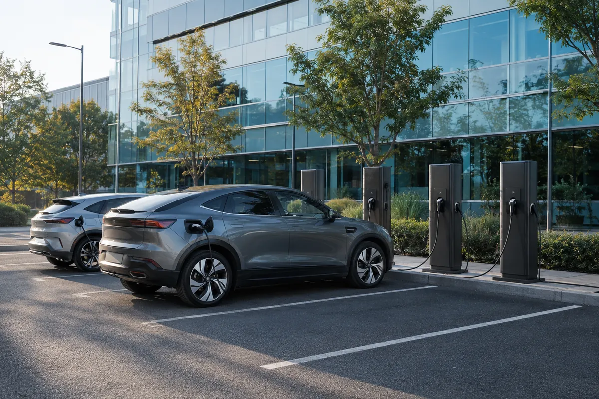 Illustration : rangée de bornes de recharge sur le parking d’un immeuble de bureaux