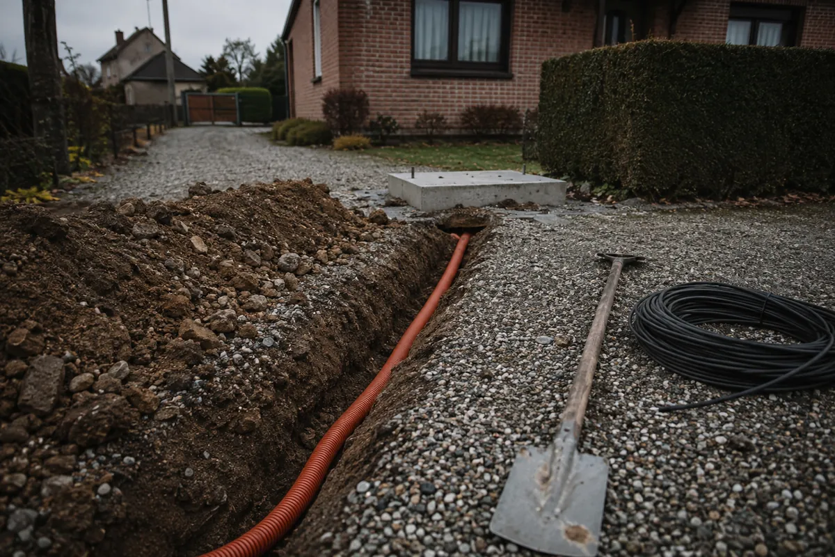 Illustration : tranchée avec gaine dans une allée en gravier et socle béton prêt à recevoir une borne sur pied