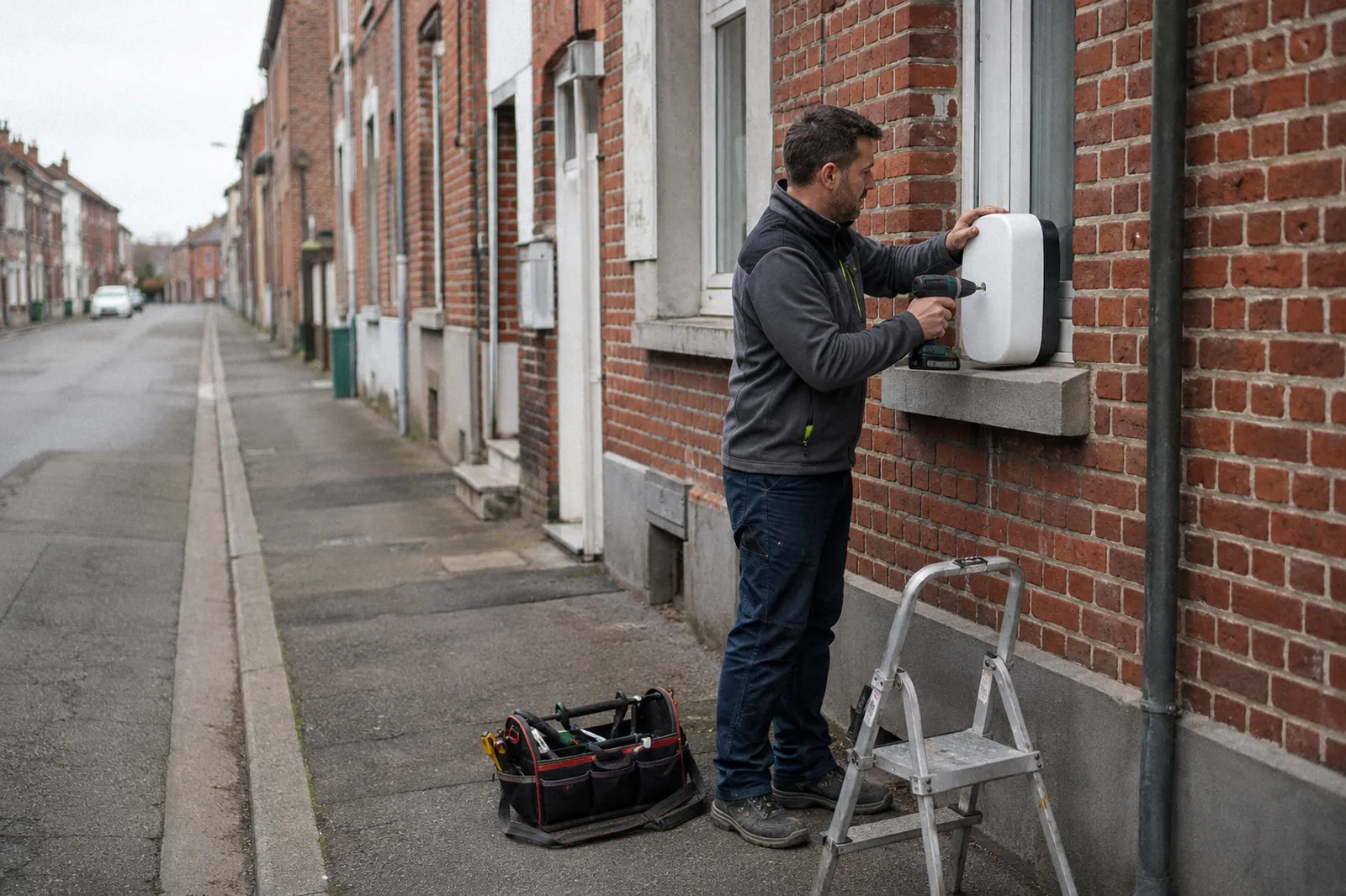 Électricien fixant une wallbox sur la façade en briques d’une maison du Nord