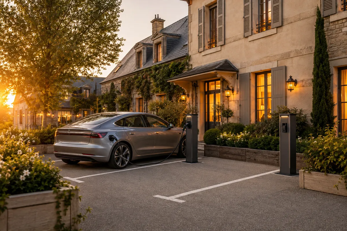 Illustration : bornes de recharge discrètes sur le parking d’un hôtel