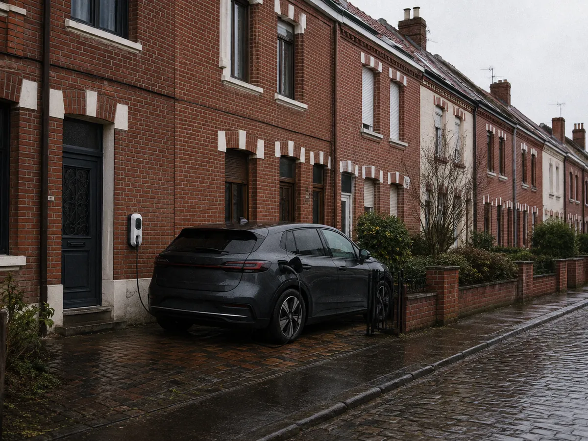 Voiture électrique branchée sur une wallbox fixée à la façade d’une maison en briques, rue pavée du Nord