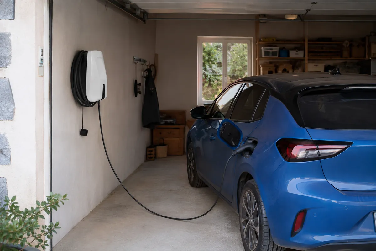 Illustration : wallbox murale dans un garage privé avec une voiture électrique branchée