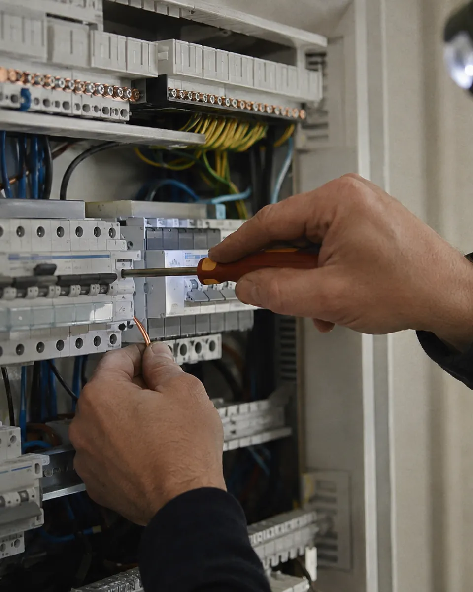Mains d’un électricien raccordant un disjoncteur dédié dans un tableau électrique