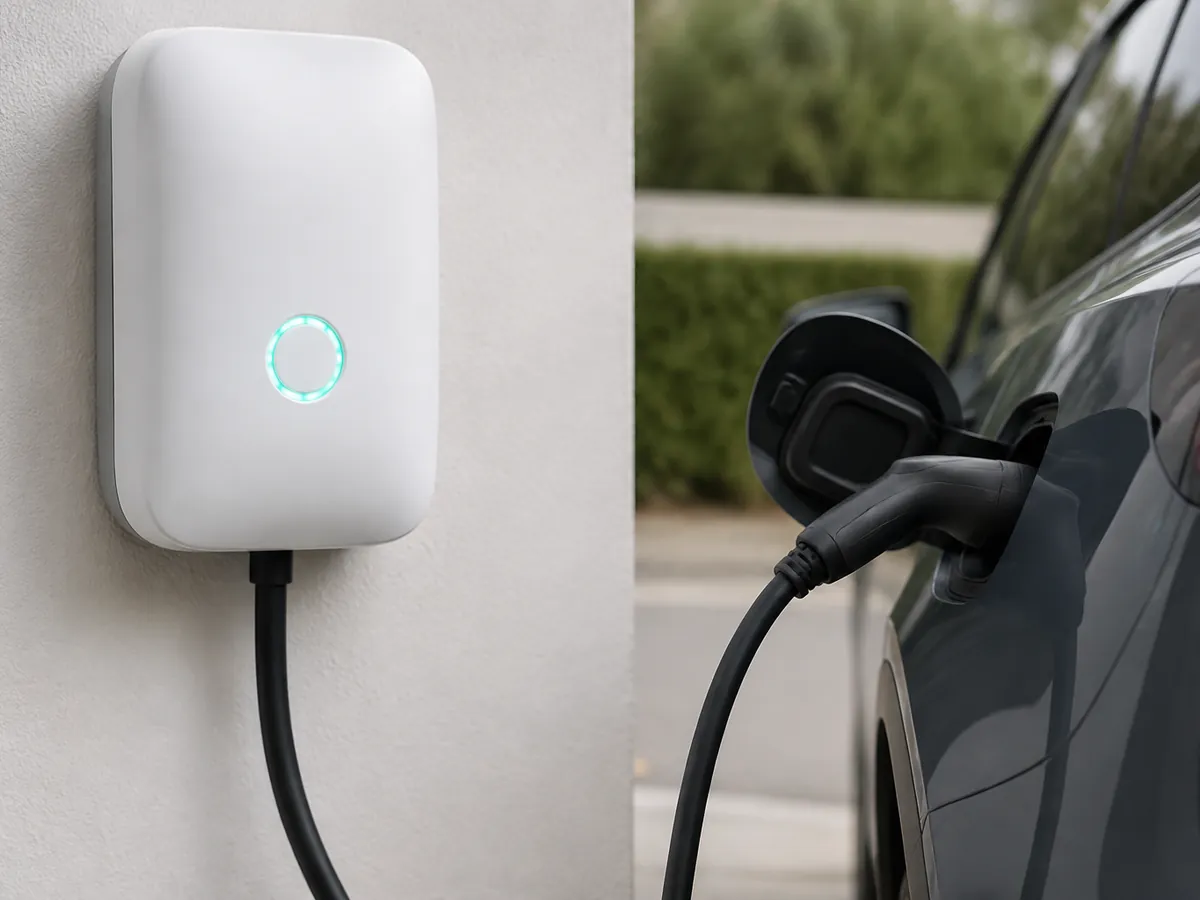 Wallbox murale avec son voyant lumineux, câble branché sur une voiture électrique