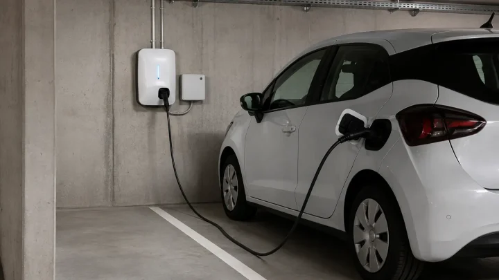 Wallbox installée sur une place numérotée dans le parking souterrain d’un immeuble