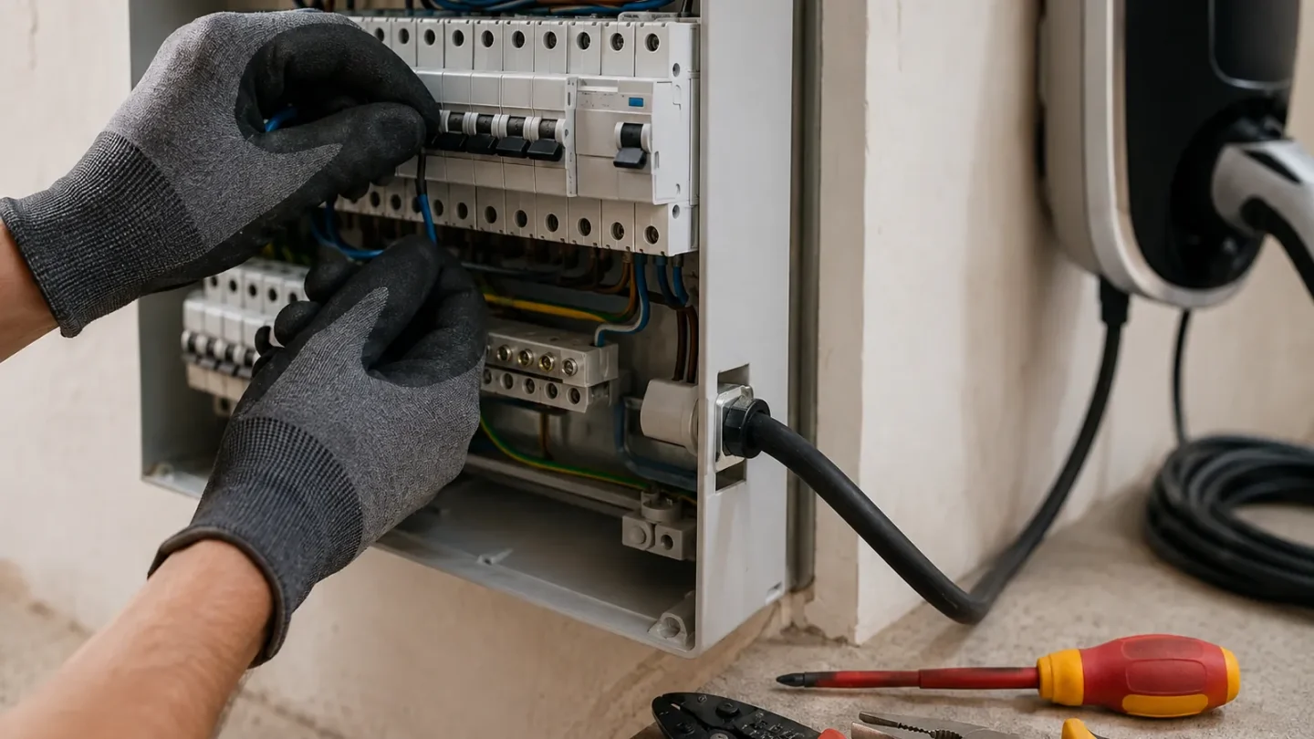 Électricien raccordant les protections dédiées à une borne de recharge dans un tableau électrique