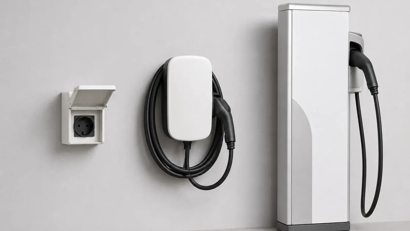 Prise renforcée, wallbox et borne de recharge publique présentées côte à côte