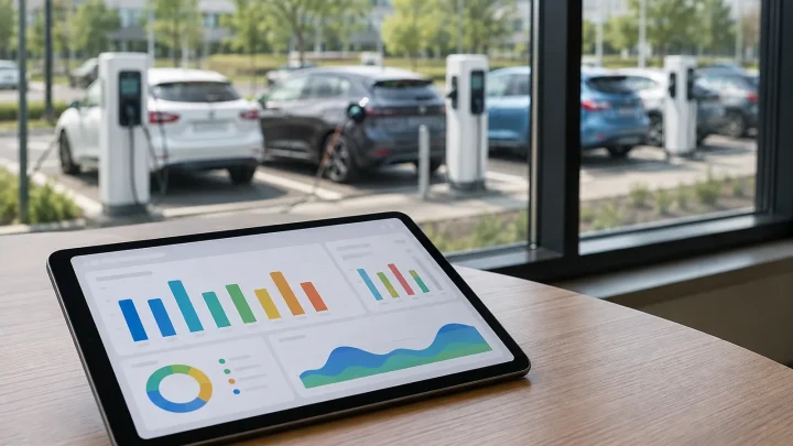 Tablette affichant un tableau de bord devant un parking d’entreprise où des voitures électriques se rechargent